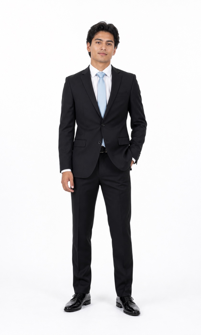Hombre con traje negro y corbata azul pastel